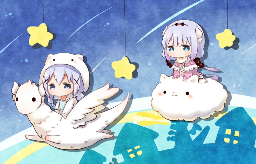 2girls animal_hood beads blue_eyes braid chibi commentary_request crossover dragon dragon_riding dress dual_persona flot flying gochuumon_wa_usagi_desu_ka? hair_beads hair_ornament hairband hairclip highres hood hoodie horns kafuu_chino kanna_kamui kanna_kamui_(dragon)_(maidragon) kobayashi-san_chi_no_maidragon light_purple_hair long_hair look-alike loungewear multiple_girls parody pink_dress rabbit_hood ribbon riding shirt sitting tail tippy_(gochiusa) tokimeki_poporon twin_braids twintails wings