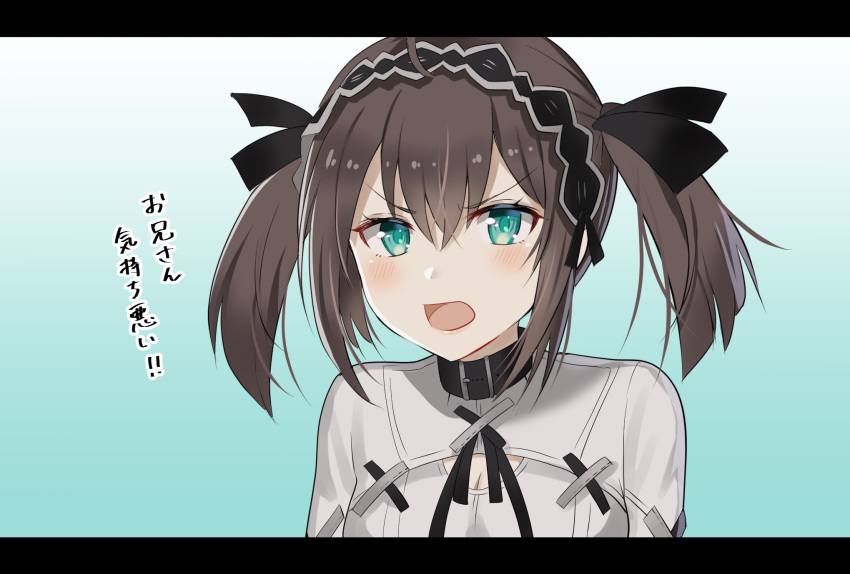 ahoge bad_id bad_pixiv_id belt_buckle belt_collar black_collar black_hairband black_ribbon blush breasts brown_hair buckle cleavage cleavage_cutout clothing_cutout collar commentary_request female gradient_background green_background green_eyes hair_between_eyes hair_ribbon hairband highres iriam koma_shibari looking_at_viewer myusha open_mouth ribbon shirt sidelocks small_breasts solo translated twintails upper_body v-shaped_eyebrows virtual_youtuber white_background white_shirt