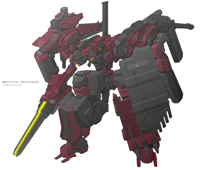 8-gou_(mechanist08) armored_core armored_core:_verdict_day commentary_request full_body huge_weapon machinery mecha mecha_request no_humans robot simple_background standing weapon white_background