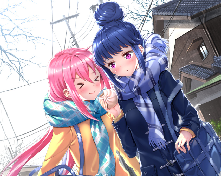 2girls blue_hair blush cropped food kagamihara_nadeshiko long_hair pink_hair purple_eyes scarf shima_rin swordsouls yuru_camp