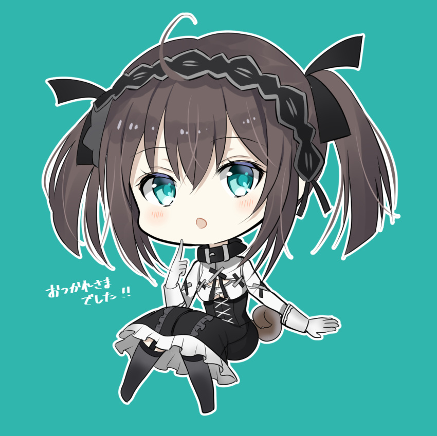 :o ahoge bad_id bad_pixiv_id black_hairband black_skirt black_socks blush breasts brown_hair chibi commentary_request female full_body garter_straps gloves green_background green_eyes hair_between_eyes hair_ribbon hairband highres index_finger_raised iriam kneehighs koma_shibari long_hair long_skirt long_sleeves myusha outline parted_lips ribbon shirt simple_background skirt small_breasts socks solo tail translated twintails virtual_youtuber white_gloves white_outline white_shirt