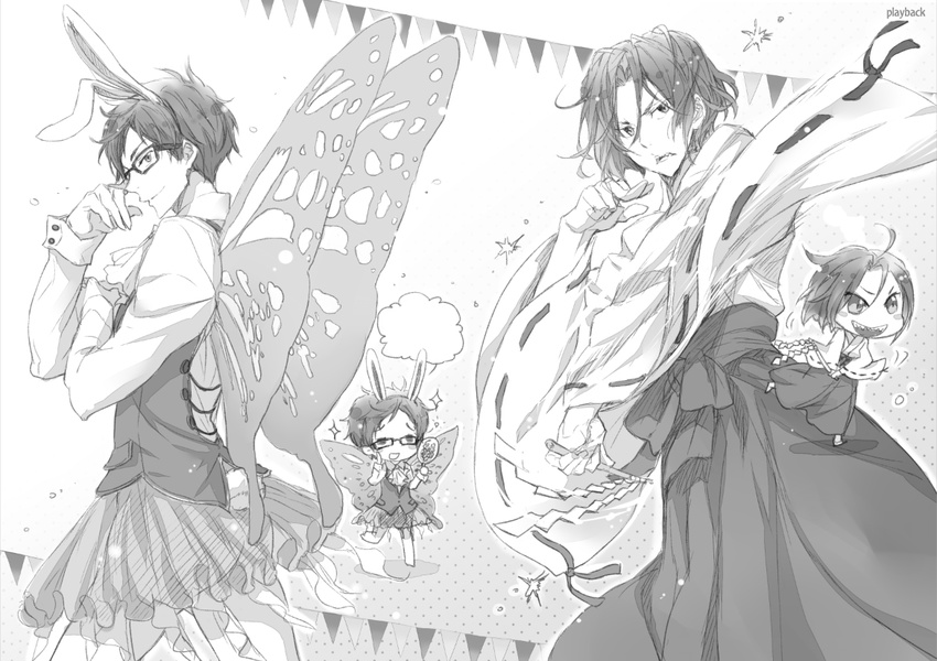 2boys animal_ears bad_id bad_pixiv_id butterfly_wings chibi crossdressing free! geki glasses gohei greyscale hakama hakama_skirt insect_wings japanese_clothes male_focus matsuoka_rin miko monochrome multiple_boys photoshop_(medium) playback rabbit_ears ribbon-trimmed_sleeves ribbon_trim ryuugazaki_rei skirt sparkle wings