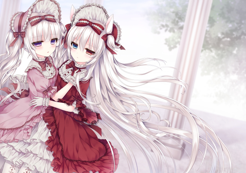 2girls absurdres alice_claudia animal_ears bow dress frilled_dress frills gloves hair_ribbon hairband hairbow heterochromia highres hug lolita_fashion lolita_hairband multiple_girls original purple_eyes ribbon rolo_noir silver_hair tsukikage_nemu two_side_up white_gloves