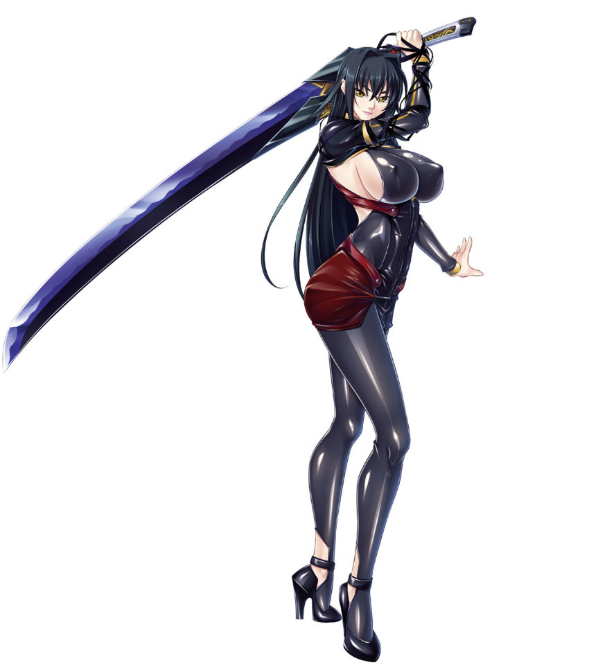 annerose_vajra black_hair breasts erect_nipples female full_body kagami_hirotaka katana koutetsu_no_majo_annerose koutetsu_no_majo_anneroze large_breasts legs lilith-soft long_hair looking_at_viewer sideboob smile solo standing sword weapon yellow_eyes