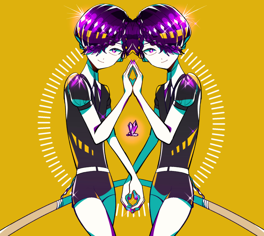 2others amethyst_(houseki_no_kuni) androgynous braid commentary_request gem gem_uniform_(houseki_no_kuni) hair_over_one_eye highres holding_hands houseki_no_kuni lonom looking_at_viewer multiple_others necktie other_focus purple_eyes purple_hair siblings smile sparkle sword twins weapon yellow_background