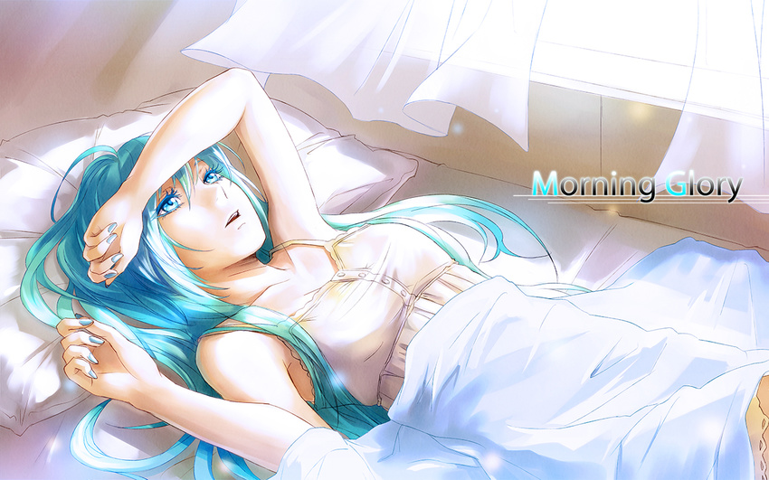 aqua_eyes aqua_hair bed blanket commentary_request copyright_name curtains female hatsune_miku long_hair lying momopanda nail_polish on_back photoshop_(medium) pillow solo vocaloid