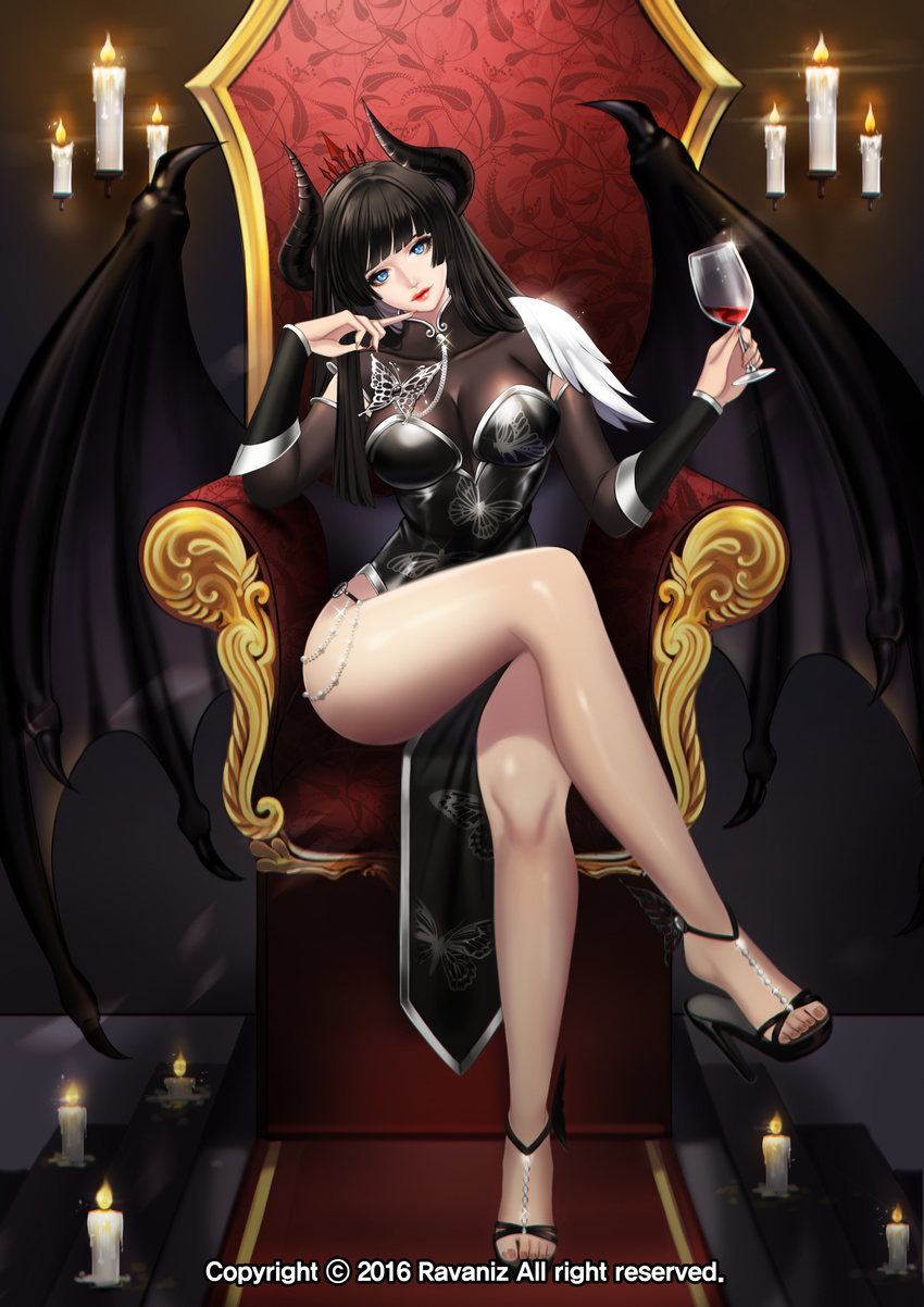 absurdres beads black_hair blue_eyes blunt_bangs breasts candle cleavage commentary_request commission cup demon_girl demon_horns demon_wings detached_sleeves drinking_glass feet female finger_to_mouth full_body head_tilt high_heels highres hime_cut horns jewelry korean_commentary large_breasts legs lips looking_at_viewer mabinogi mabinogi_heroes nail_polish original panties pelvic_curtain photoshop_(medium) player_character_(mabinogi_heroes) ravaniz sandals shoes standing throne toeless_footwear toes underwear wine_glass wings