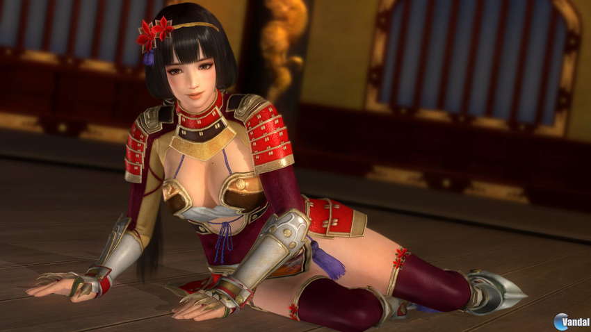 3d breasts cleavage dead_or_alive dead_or_alive_5 female ii_naotora large_breasts long_hair lying official_art sengoku_musou solo