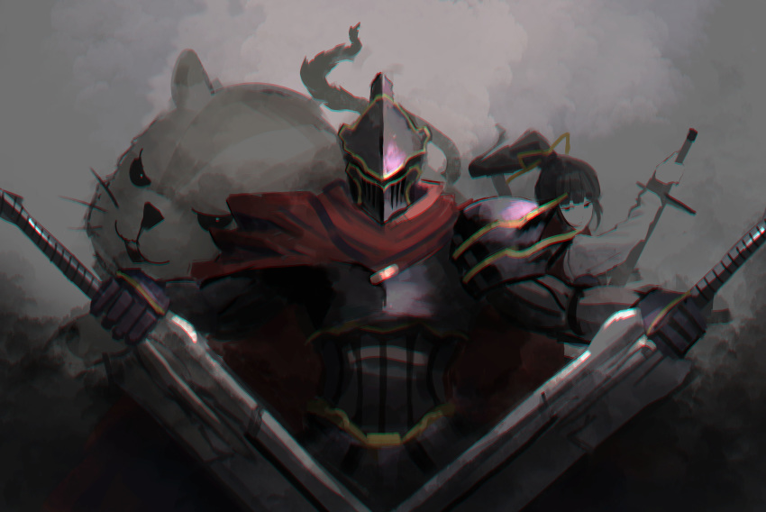 1other absurdres ainz_ooal_gown ambiguous_gender armor black_armor cape commentary_request female hamsuke highres holding holding_sword holding_weapon knight kodai3223 looking_at_viewer momon_(overlord) narberal_gamma overlord_(maruyama) photoshop_(medium) red_cape simple_background sword weapon