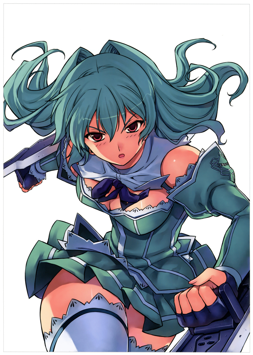 absurdres aqua_hair breasts cassie_lockheart cleavage female fingerless_gloves freezing_(series) gloves highres kim_kwang_hyun long_hair medium_breasts official_art open_mouth photoshop_(medium) red_eyes scan simple_background solo thighhighs weapon white_background