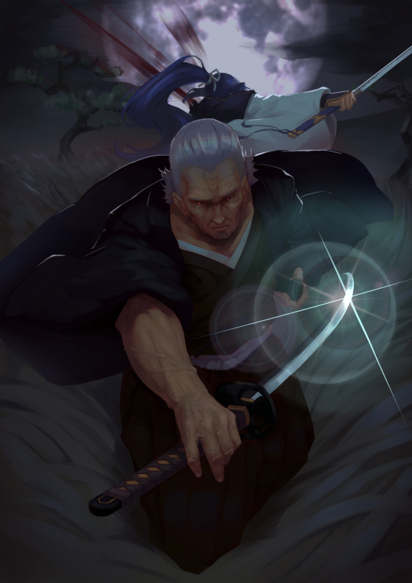 2boys arm_at_side back-to-back blood blood_splatter blue_hair commentary_request dark-skinned_male dark_skin duel dying expressionless fate/grand_order fate_(series) field floating_hair full_body full_moon glint glowing glowing_eyes grass highres holding holding_sheath holding_sword holding_weapon japanese_clothes jhc_kai katana lens_flare long_hair manly monohoshizao moon multiple_boys night outstretched_arm ponytail red_eyes ribbon sasaki_kojirou_(fate) sheath sword tall_grass tassel tree veins vest weapon white_hair white_ribbon wide_sleeves wrinkled_skin yagyuu_munenori_(fate)