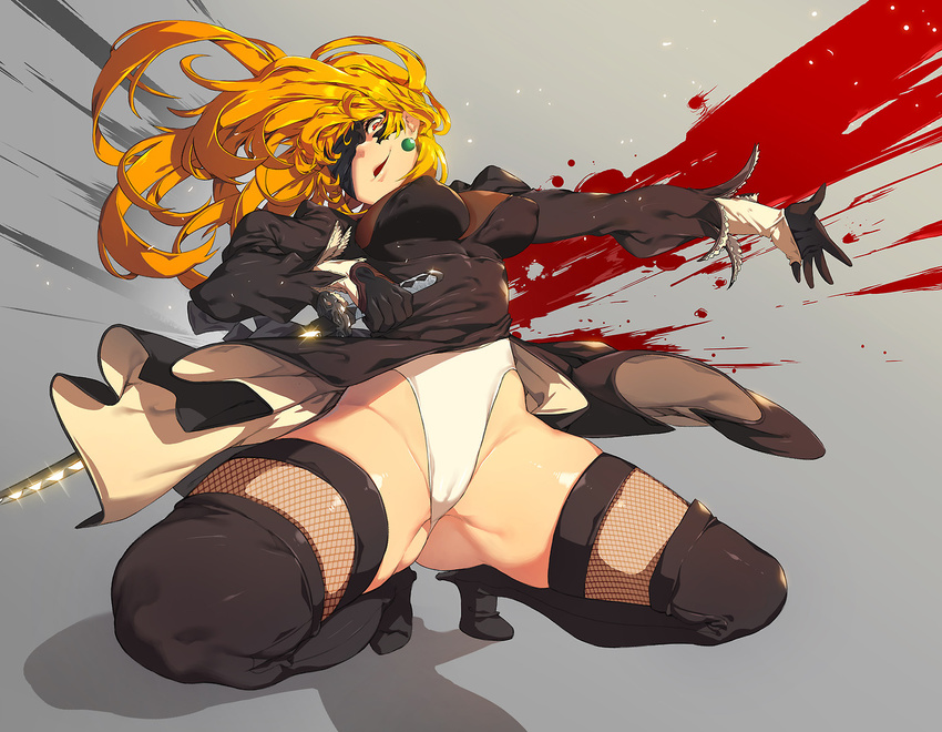 black_dress black_gloves black_legwear blindfold blonde_hair blood blood_splatter boots breasts cameltoe cosplay dress earrings eureka_brider female fishnet_legwear fishnets full_body gloves gluteal_fold gundam highleg highleg_leotard jewelry katana katejina_loos large_breasts leotard leotard_under_clothes long_hair nier_(series) nier_automata red_eyes reverse_grip squatting sword thick_thighs thigh_boots thighhighs thighhighs_under_boots thighs thong_leotard upskirt victory_gundam weapon yorha_no._2_type_b yorha_no._2_type_b_(cosplay)