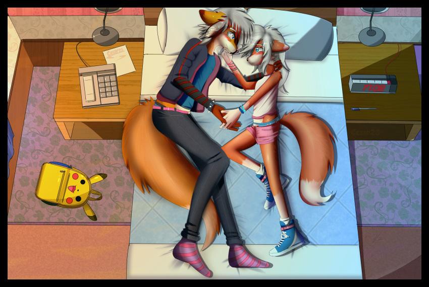 adolescent age_difference alternative_fashion anthro bed black_border border bottomwear canid canine cesar23 clothing duo female fox furniture generation_1_pokemon hi_res hotel hotel_room lolicon love male mammal nintendo nyx_(cesar23) pikachu pokemon pokemon_(species) red_fox sebastian_(cesar23) shorts size_difference story true_fox young young_anthro