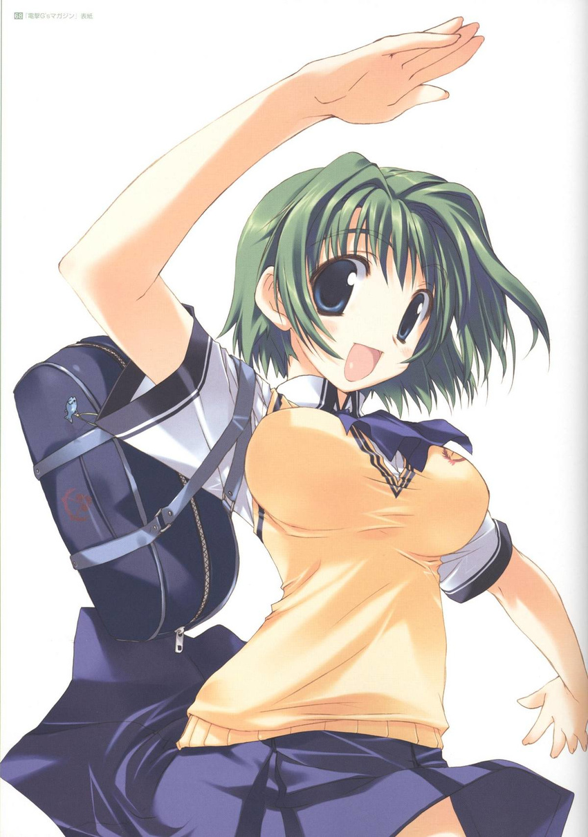 :d amazuyu_tatsuki bag blue_eyes breasts comic_party female green_hair highres large_breasts neckerchief official_art ooba_eimi open_mouth outstretched_arm school_bag school_uniform shirt short_hair short_sleeves skirt smile solo vest white_background