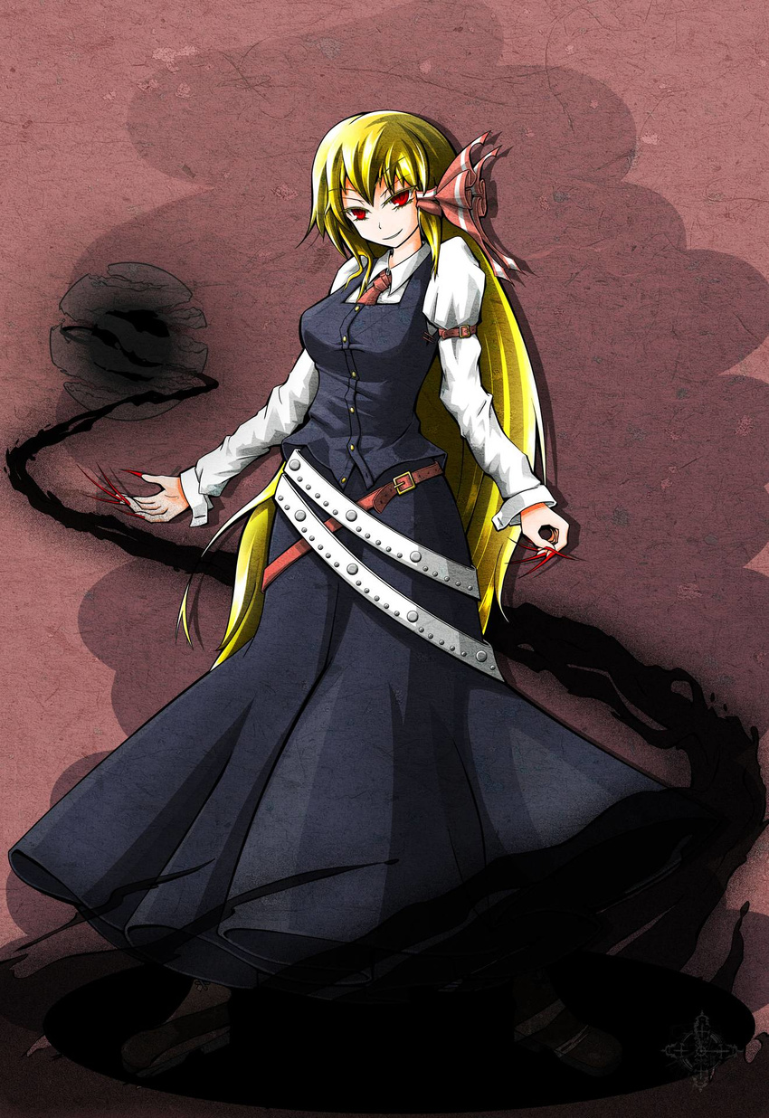 aged_up alternate_hair_length alternate_hairstyle belt blonde_hair commentary_request darkness female fingernails hair_ribbon highres long_fingernails long_hair nail_polish nj42u6 photoshop_(medium) red_eyes red_nails ribbon rumia sharp_fingernails shirt skirt smile solo touhou tsurime very_long_hair vest