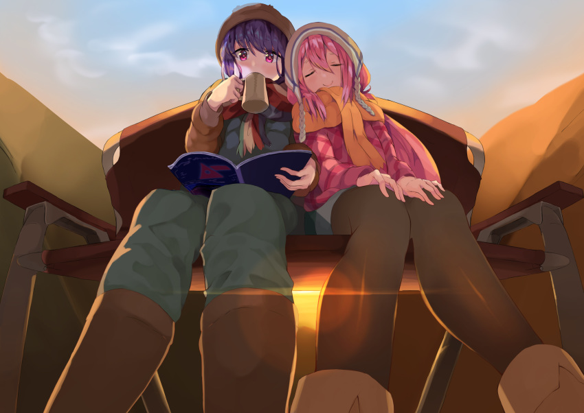 beanie black_legwear blue_hair book boots chair cup eyebrows_visible_through_hair hair_between_eyes hat highres jacket kagamihara_nadeshiko kamakura_(clupeoidei) leaning_on_person long_hair pantyhose pink_hair purple_eyes scarf shima_rin sitting sleeping smile yurucamp