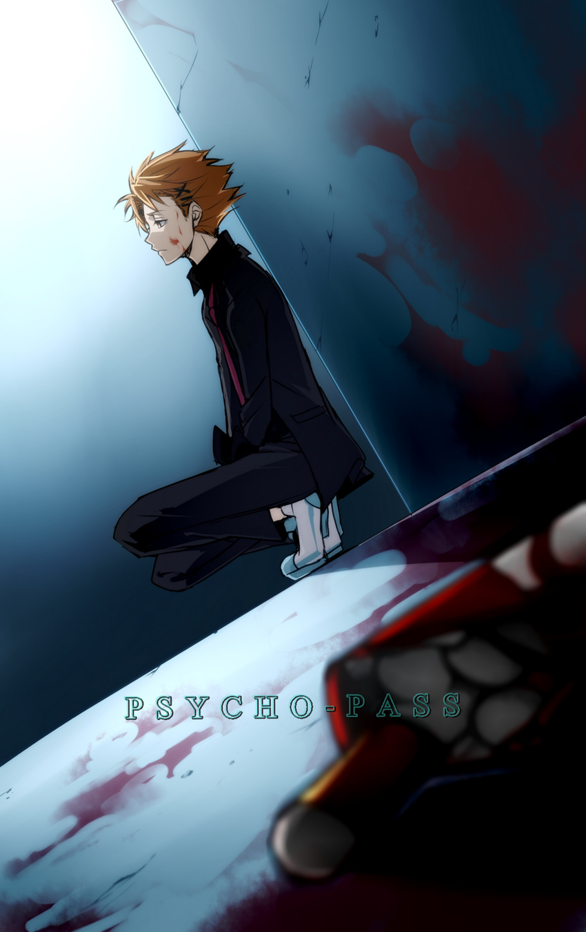 1boy bad_id bad_pixiv_id blood cigarette dutch_angle highres kagari_shuusei male_focus mi_k orange_hair psycho-pass solo squatting