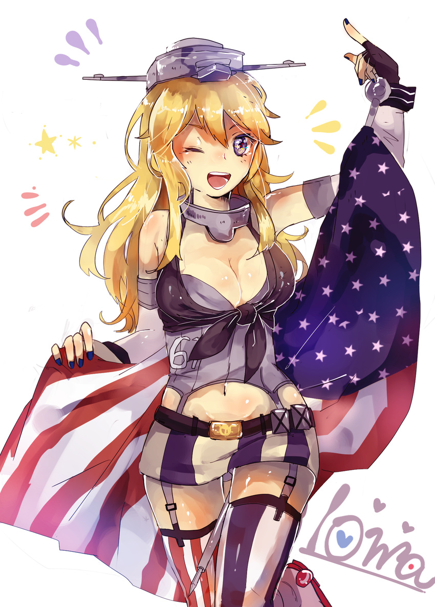 american_flag blonde_hair blue_eyes breasts character_name cleavage commentary_request female fingerless_gloves flag garter_straps gloves hair_between_eyes highres iowa_(kancolle) kantai_collection long_hair medium_breasts miniskirt nishikiya one_eye_closed skirt smile solo striped thighhighs vertical_stripes