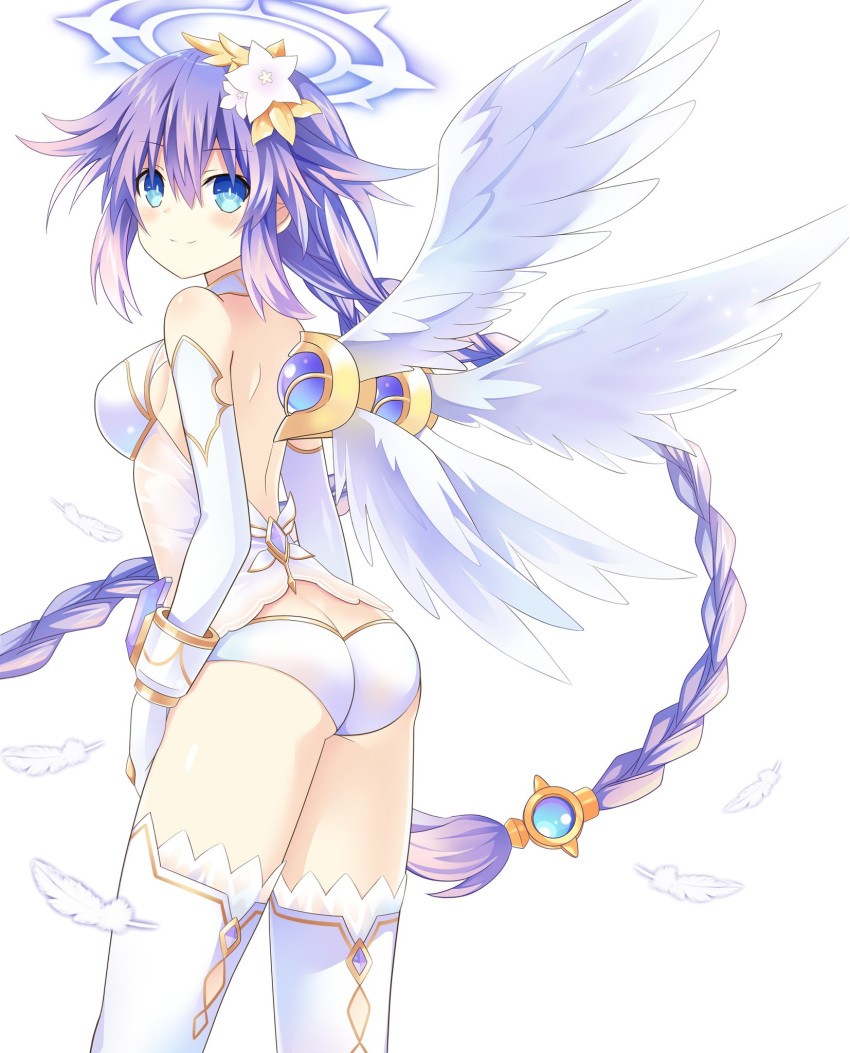 angel ass bare_shoulders blue_eyes blush braid breasts butt_crack commentary_request feathered_wings female flower four_goddesses_online:_cyber_dimension_neptune from_behind gold_trim hair_flower hair_ornament halo highres leotard long_hair looking_at_viewer looking_back medium_breasts neptune_(series) power_symbol power_symbol-shaped_pupils purple_hair purple_heart_(neptunia) simple_background smile solo symbol-shaped_pupils thighhighs twin_braids twintails very_long_hair white_background white_leotard white_thighhighs white_wings wings zero_(ray_0805)