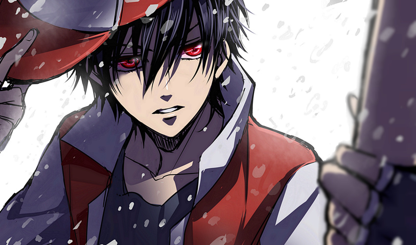 1boy adjusting_clothes adjusting_headwear bad_id bad_pixiv_id baseball_cap black_hair glowing glowing_eyes hat male_focus mi_k pixiv_red pokemon pokemon_(game) red_(pokemon) red_eyes solo