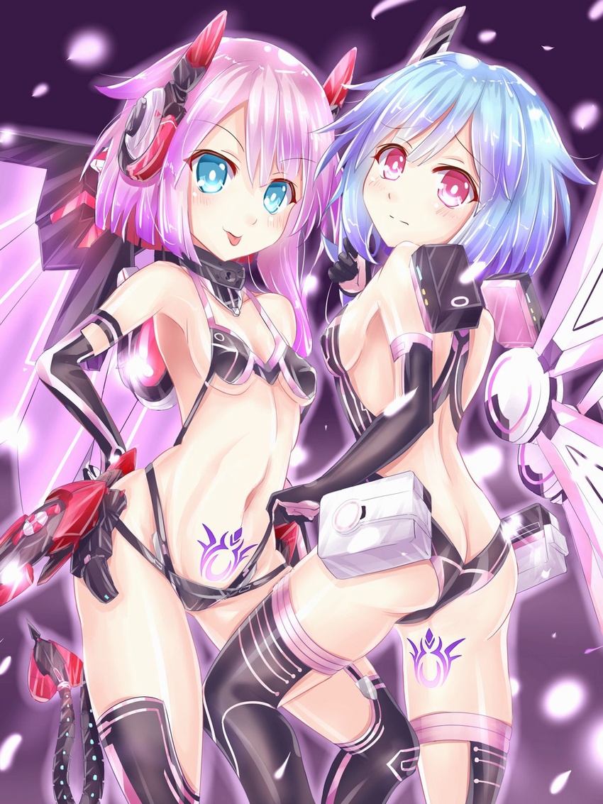 2girls :p armpits ass bare_shoulders blue_eyes blue_hair blush breasts butt_crack cleavage commentary_request cowboy_shot demon_tail elbow_gloves gloves hair_between_eyes hand_on_own_ass headgear highres kazuneko_(wktk1024) leg_tattoo looking_at_viewer looking_back mechanical_tail mechanical_wings medium_hair multiple_girls navel nepnep_connect:_chaos_chanpuru neptune_(series) pink_eyes pink_hair power_symbol power_symbol-shaped_pupils pubic_tattoo ram_(neptunia) revealing_clothes rom_(neptunia) siblings sideboob sisters small_breasts symbol-shaped_pupils tail tattoo thighhighs tongue tongue_out twins white_sister_ram white_sister_ram_(chaos_form) white_sister_rom white_sister_rom_(chaos_form) wings