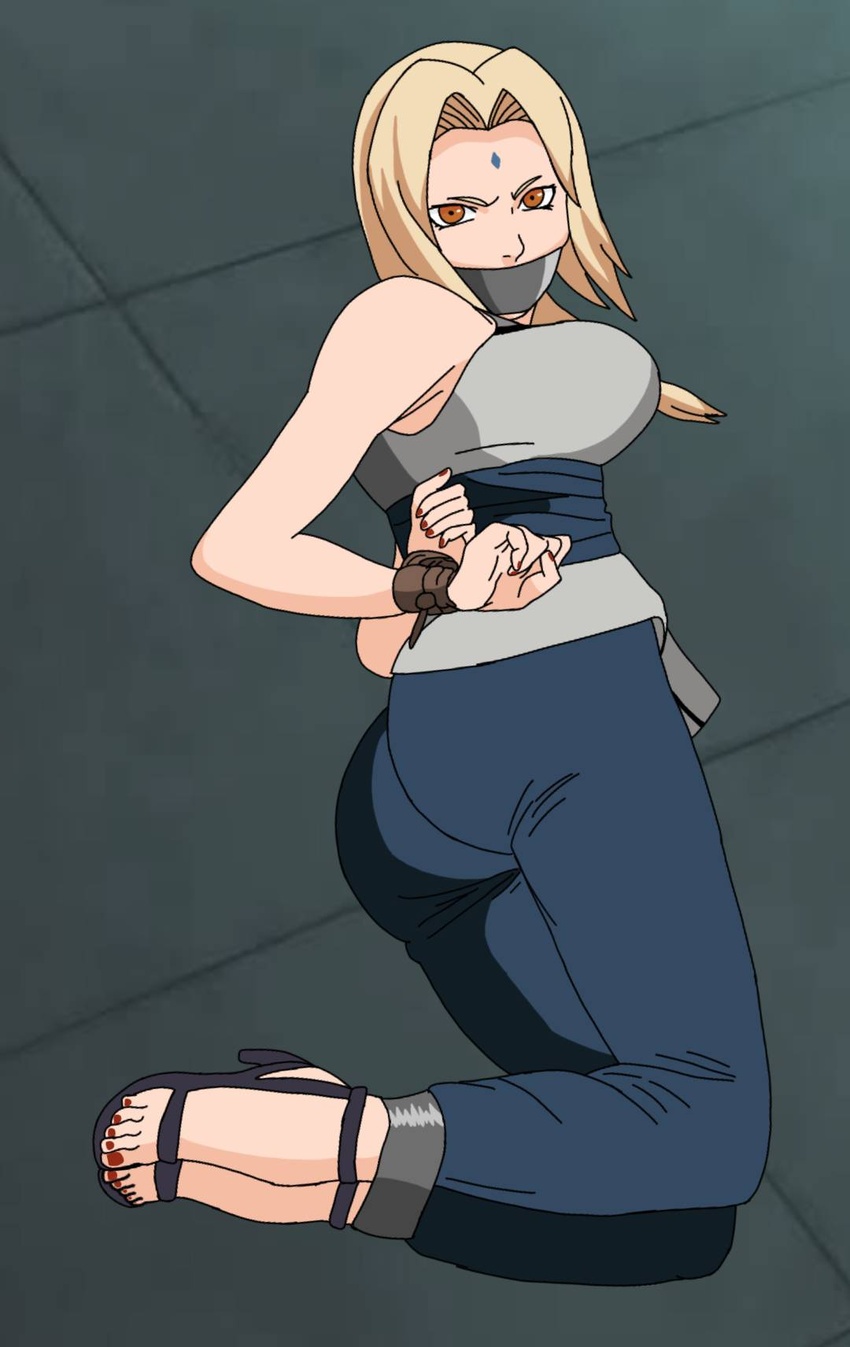 1girls bondage dvnod2 feet female female_only fully_clothed gag naruto red_toenails solo tape_gag toenail_polish tsunade