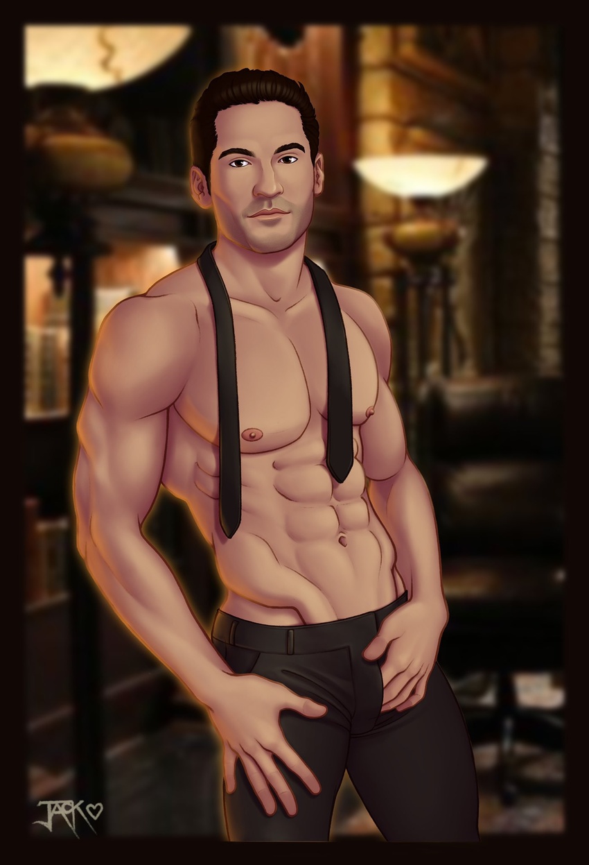 actor bar caucasian caucasian_male celebrity dilf in_character jack_off_hearts jeans lucifer_(tv_series) lucifer_morningstar_(dc) male male_only muscles muscular muscular_male shirtless_male solo_male tie tom_ellis