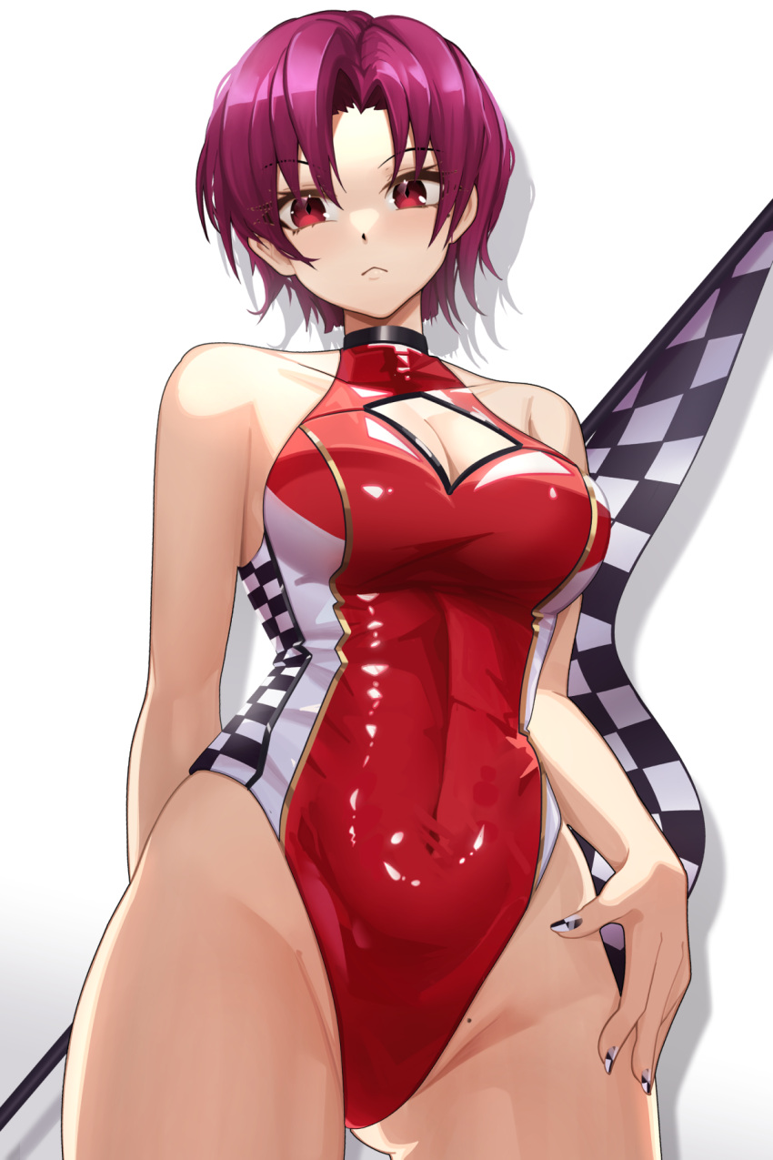 :< alternate_costume arm_at_side arm_behind_back ass_visible_through_thighs bare_arms bare_shoulders bazett_fraga_mcremitz black_choker blush breasts choker cleavage cleavage_cutout closed_mouth clothing_cutout collarbone commentary_request covered_navel cowboy_shot curvy diamond-shaped_pupils diamond_(shape) drop_shadow eyelashes fate/grand_order fate_(series) female flag groin highleg highleg_leotard highres holding holding_flag large_breasts leotard looking_at_viewer midriff nail_polish parted_bangs phaethonvt purple_hair race_flag race_queen red_eyes red_leotard short_hair simple_background solo symbol-shaped_pupils tsurime white_background