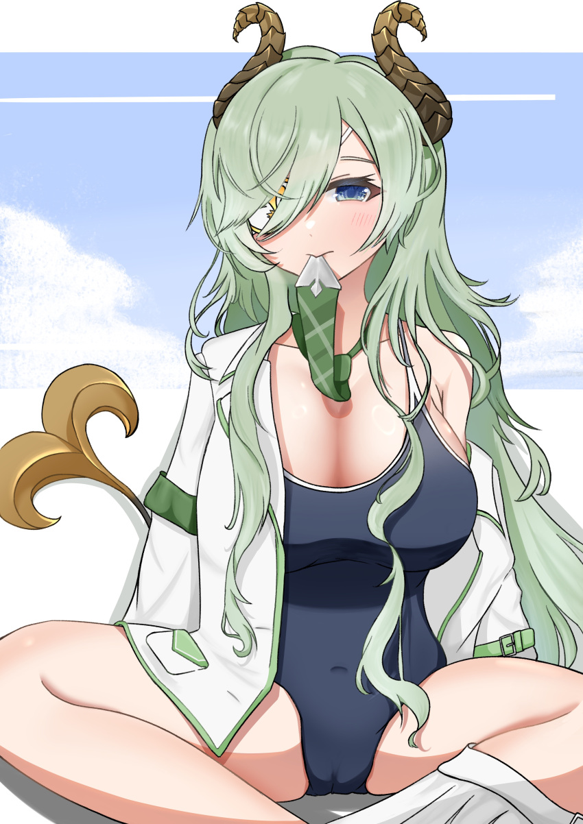 absurdres black_one-piece_swimsuit blue_eyes blush breasts brown_horns cleavage closed_mouth commentary_request covered_navel curled_horns demon_girl demon_tail eyepatch feet_out_of_frame female green_hair green_necktie hair_between_eyes hair_over_one_eye highres horns indian_style large_breasts long_bangs long_hair looking_at_viewer mouth_hold nanashi_inc. necktie necktie_in_mouth one-piece_swimsuit open_clothes open_shirt rainy_day_nns sekishiro_mico shirt sitting smile solo swimsuit tail very_long_hair virtual_youtuber white_shirt