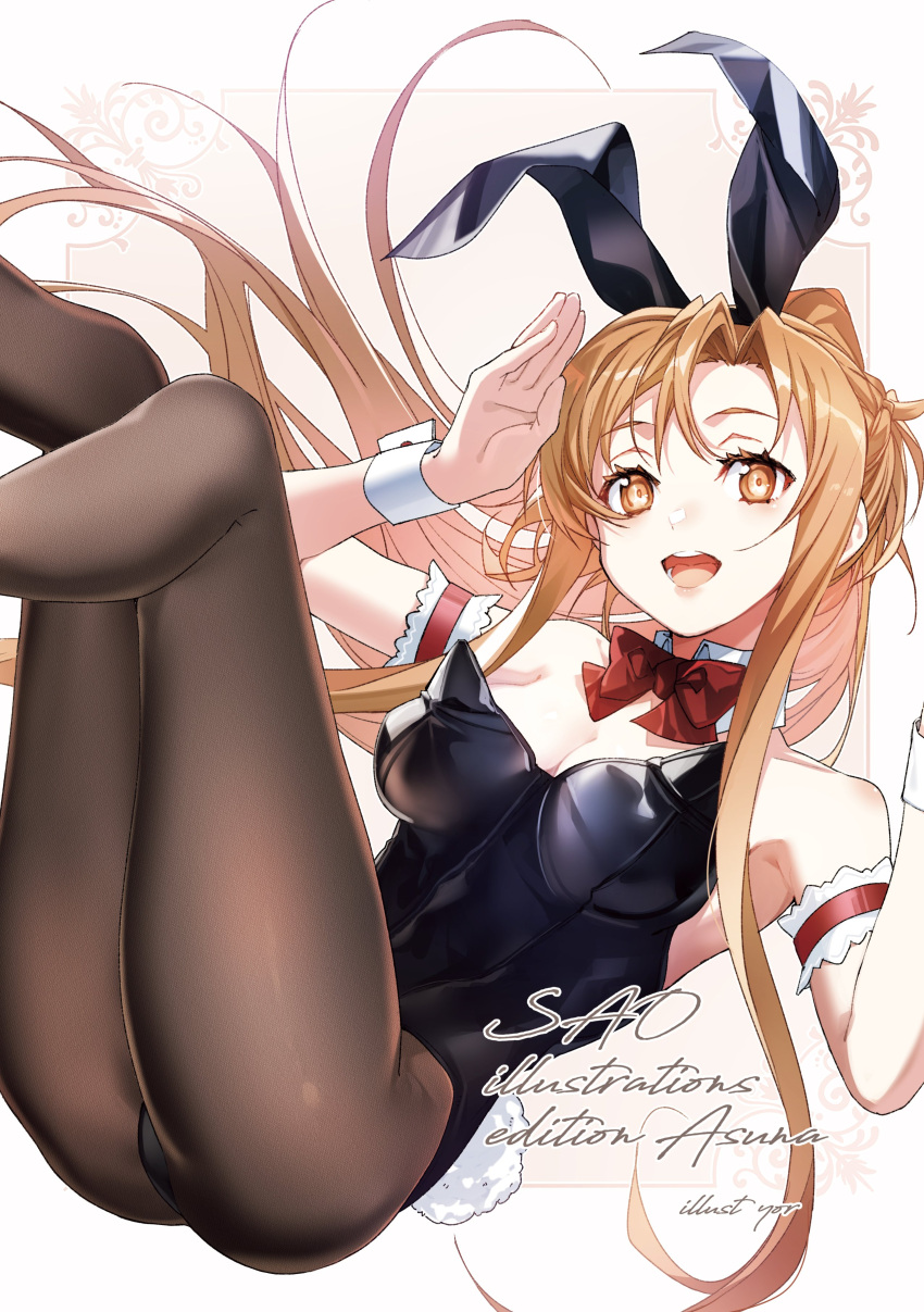 absurdres animal_ears armpits asuna_(sao) bare_shoulders black_leotard black_pantyhose bow bowtie brown_eyes brown_hair detached_collar fake_animal_ears fake_tail female highres leotard long_hair looking_at_viewer open_mouth pantyhose playboy_bunny rabbit_ears rabbit_tail strapless strapless_leotard sword_art_online tail wrist_cuffs yoru_kiri