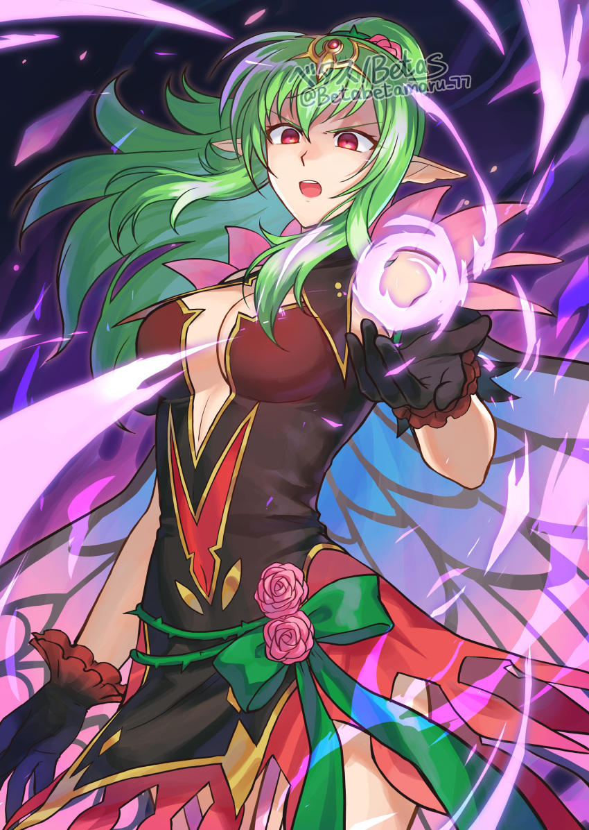 absurdres betabetamaru black_dress black_gloves breasts cleavage commentary_request commission dress female fire_emblem fire_emblem_awakening fire_emblem_heroes floating_hair gloves green_hair highres long_hair looking_at_viewer magic medium_breasts official_alternate_costume pointy_ears ponytail red_eyes skeb_commission solo tiki_(adult)_(fire_emblem) tiki_(adult)_(resplendent)_(fire_emblem) tiki_(fire_emblem) twitter_username