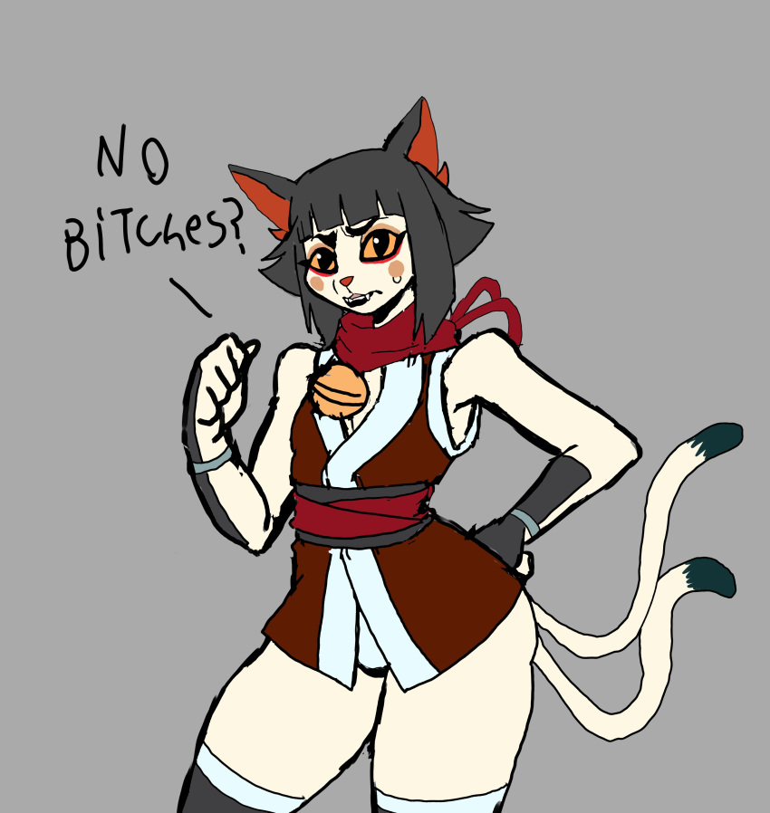 2024 2_tails absurd_res anthro bangs bell clothed clothed_anthro clothed_male clothing dialogue digital_drawing_(artwork) digital_media_(artwork) dipstick_tail domestic_cat english_text felid feline felis female femboy fingers fur grey_hair hair hand_on_hip hi_res legwear light_body light_fur male male_anthro mammal markings meme multi_tail niji_(palesnake) no_bitches? palesnake portrait red_nose scarf simple_background solo tail tail_markings text thigh_highs three-quarter_portrait unfinished yellow_sclera