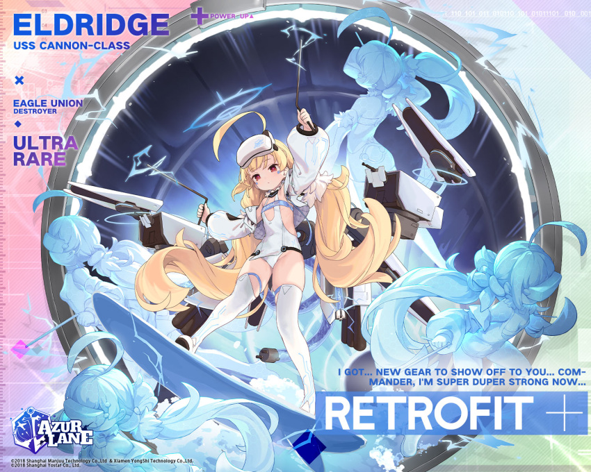 ahoge armpits arms_up ass azur_lane belt blonde_hair blush boots breasts cable cannon character_name closed_mouth copyright_name covered_navel detached_sleeves dowsing_rod dress dual_wielding eldridge_(azur_lane) eldridge_(retrofit)_(azur_lane) electricity english_commentary english_text expressions female full_body fur_trim hair_ornament halo hat head-mounted_display highres holding hologram huge_ahoge jacket kinjo_kuromomo logo long_hair long_sleeves looking_at_viewer low_twintails machinery official_art one-piece_swimsuit open_clothes portal_(object) promotional_art puffy_long_sleeves puffy_sleeves red_eyes rigging second-party_source sleeveless small_breasts smile solo surfboard surfing swimsuit thigh_boots thighhighs thighs turret twintails very_long_hair water white_footwear white_jacket white_one-piece_swimsuit white_thighhighs