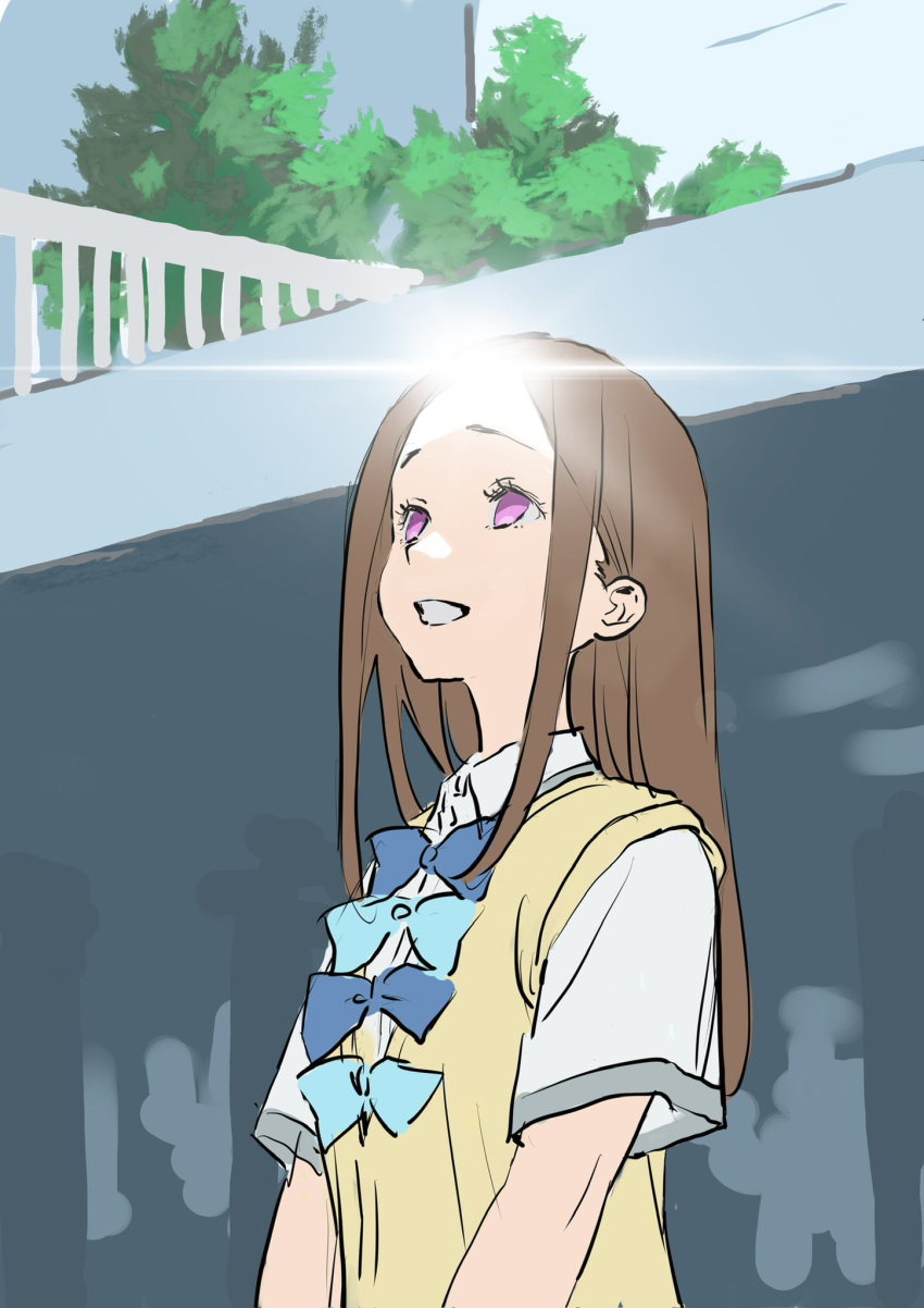 asagumo_chihaya blue_bow blue_bowtie bow bowtie brown_hair day female forehead highres large_forehead long_hair looking_up make_heroine_ga_oo_sugiru! parted_bangs pink_eyes railing school_uniform shiny_forehead shiny_skin smile sunlight teeth tree warder2013