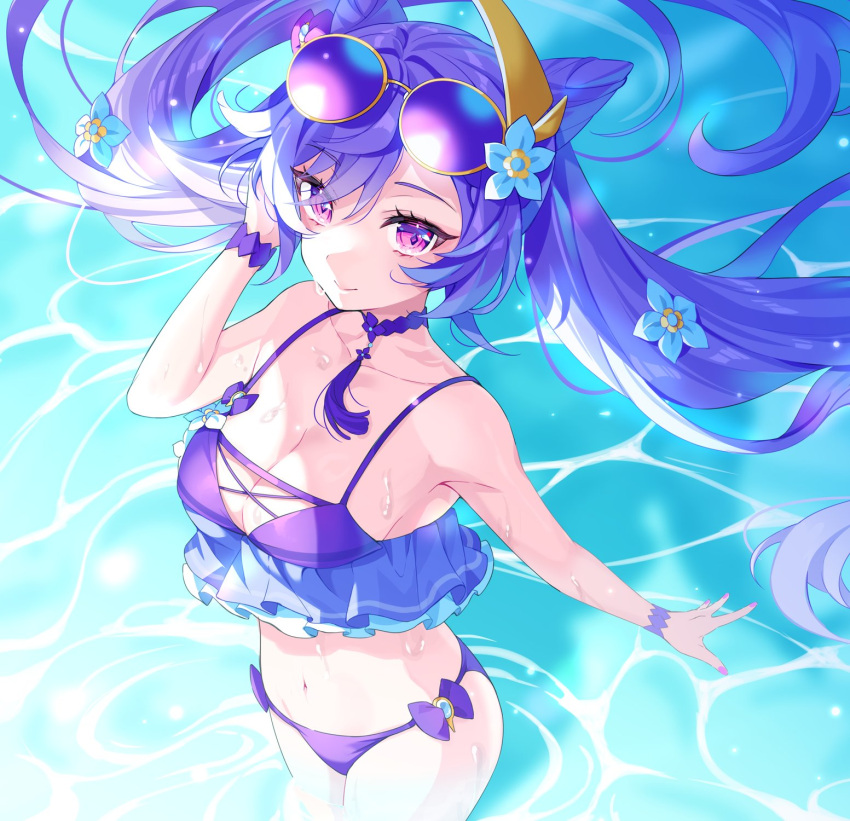 breasts cleavage collarbone cone_hair_bun diamond-shaped_pupils diamond_(shape) double_bun eyewear_on_head female floating_hair genshin_impact hair_between_eyes hair_bun hair_ears hair_ornament highres keqing_(genshin_impact) long_hair looking_at_viewer medium_breasts navel neck_tassel purple_eyes purple_hair purple_nails ringozaka_mariko smile solo swimsuit symbol-shaped_pupils twintails