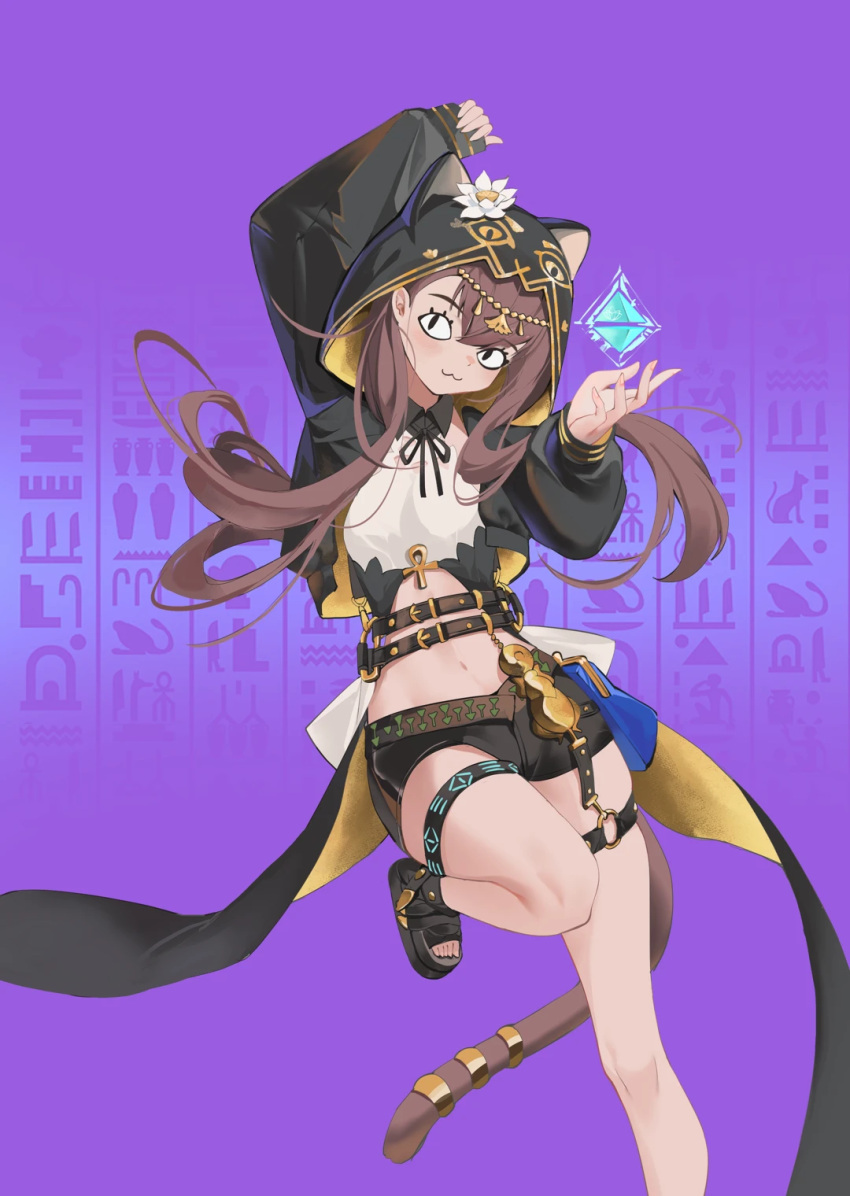 :3 ankh arknights arm_up black_footwear black_jacket black_shorts brown_hair brown_tail chinese_commentary closed_mouth commentary crop_top cropped_jacket crystal enaga_(bilibili_5713976) female flower foot_out_of_frame hand_up head_chain hieroglyphics highres hood hood_up hooded_jacket infection_monitor_(arknights) jacket jewelry leg_up long_hair long_sleeves looking_at_viewer navel no_socks o-ring o-ring_thigh_strap open_clothes open_jacket pepe_(arknights) purple_background sandals shorts smile solo standing standing_on_one_leg tail tail_ornament tail_ring thigh_strap toeless_footwear toes white_flower yellow_jacket