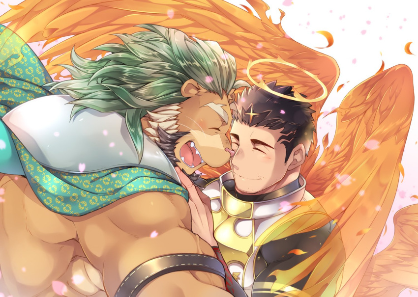 angel anthro arsalan_(tas) beard black_hair clothed clothing duo facial_hair felid fire flaming_wings fur green_hair hair halo human human_on_anthro interspecies lifewonders lion male male/male mammal muscular muscular_male pantherine simple_background smile tan_body tan_fur tokyo_afterschool_summoners topwear white_background wings youzora_samo18 zabaniyya_(tas)