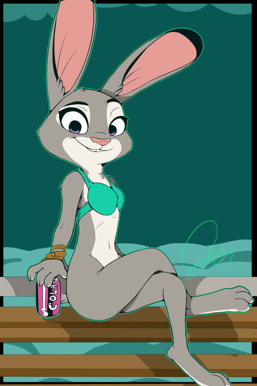 2:3 absurd_res amazinggwen anthro beverage bikini bottomless clothed clothing cola crossed_legs digital_media_(artwork) disney female hi_res judy_hopps lagomorph leporid looking_at_viewer mammal rabbit soda solo swimwear zootopia