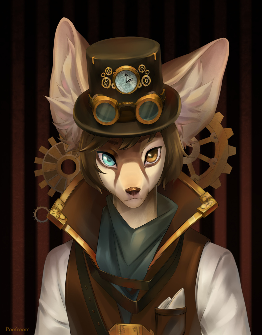 2019 absurd_res alternative_fashion anthro brown_hair brown_nose canid canine clothed clothing digital_media_(artwork) fox hair heterochromia hi_res looking_at_viewer male mammal poofroom solo steampunk