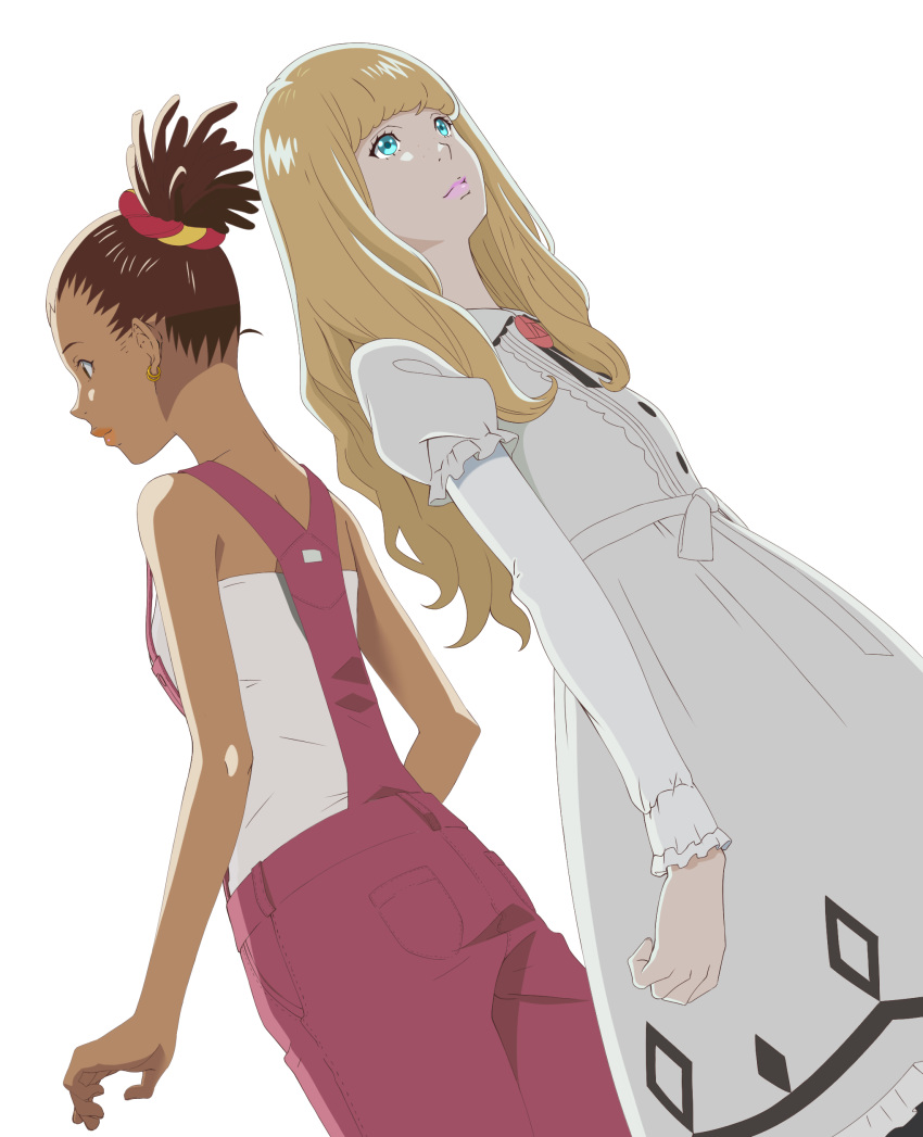 absurdres blonde_hair carole_&_tuesday carole_stanley commentary_request dark_skin earrings female highres jewelry noraneko_(threemoon1111) official_style overalls simple_background sleeveless tuesday_simmons white_background