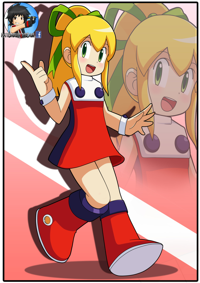 absurdres android blonde_hair blush bow capcom dress female green_bow green_eyes hair_between_eyes hair_ribbon hand_gesture high_ponytail highres long_hair patdarux ponytail red_boots red_dress ribbon rockman rockman_(classic) roll short_dress sidelocks sleeveless smile