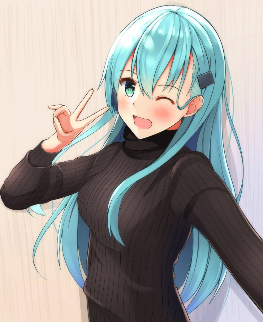 blue_eyes blue_hair blush commentary_request female highres kantai_collection long_hair looking_at_viewer one_eye_closed open_mouth simple_background smile solo suzuya_(kancolle) toyomi_13 turtleneck v