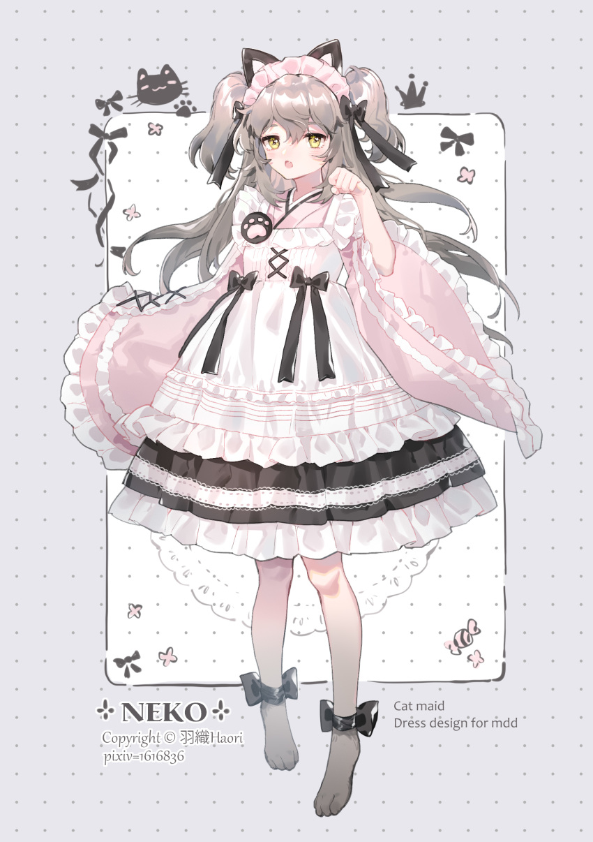 :o absurdres animal_ears ankle_ribbon apron black_bow black_ribbon blush bow candy cat_ears clenched_hand commentary cross-laced_clothes crown dress dress_bow fake_animal_ears feline female flower food frilled_dress frilled_sleeves frills grey_hair grey_pantyhose hair_ribbon hand_up highres japanese_clothes kimono lace lace-trimmed_dress lace_trim leg_ribbon lolita_fashion long_sleeves looking_at_viewer maid maid_headdress oerba_yun_fang original pantyhose paw_pose pink_dress pink_kimono pixiv_username ribbon solo two_side_up wa_lolita wa_maid watermark white_apron wide_sleeves yellow_eyes yuzhi