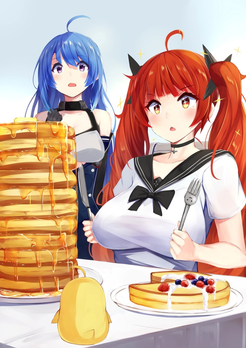 +_+ 2girls ahoge azur_lane bare_shoulders black_ribbon blue_hair blueberry blush breasts butter choker commentary_request dress food fork fruit gloves hair_ribbon helena_(azur_lane) highres holding holding_fork holding_knife honolulu_(azur_lane) honolulu_(umbrella_girl)_(azur_lane) irohara knife large_breasts long_hair manjuu_(azur_lane) multiple_girls official_alternate_costume open_mouth pancake pancake_stack plate purple_eyes red_eyes red_hair ribbon sailor_collar short_sleeves sitting strawberry surprised syrup table too_many too_many_pancakes twintails whipped_cream