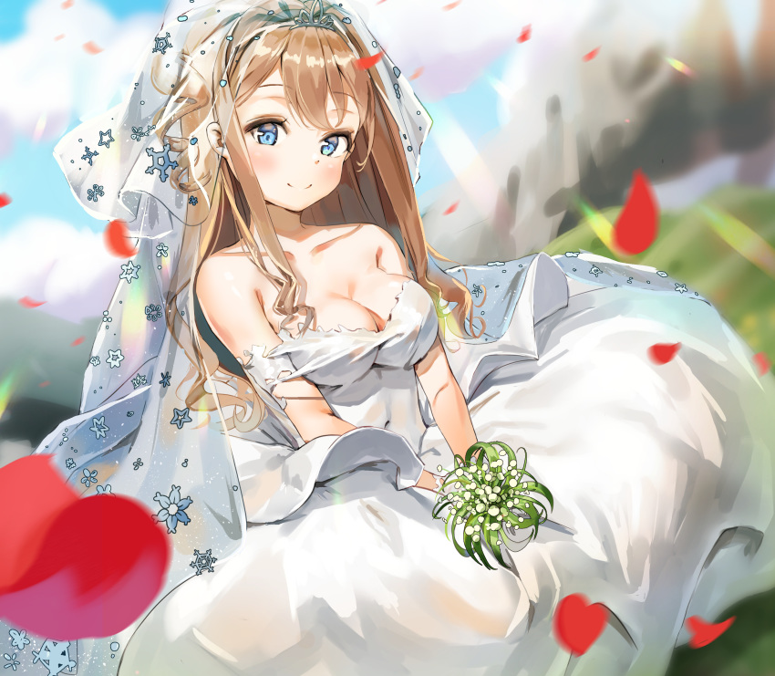 absurdres bad_id bad_pixiv_id bare_arms bare_shoulders blue_eyes blurry blurry_background blush breasts bridal_veil bride chinese_commentary cleavage commentary covered_navel dress female flower girls'_frontline hair_between_eyes hair_ornament hairband highres holding holding_flower kian large_breasts leaf long_hair looking_at_viewer official_alternate_costume smile snowflakes solo suomi_(blissful_mission)_(girls'_frontline) suomi_(girls'_frontline) tiara torn_clothes veil wedding_dress