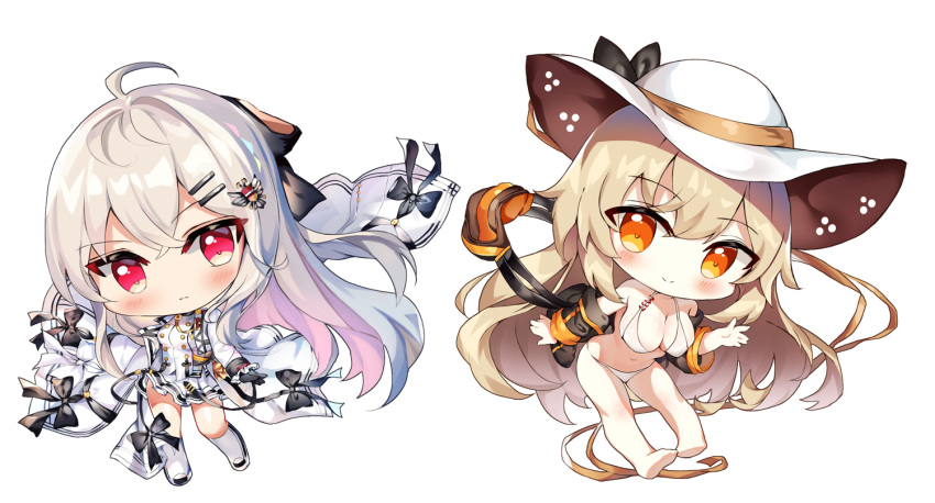 2girls bare_legs bare_shoulders barefoot bikini black_bow black_gloves black_jacket blush boots bow breasts chibi cleavage closed_mouth collarbone commentary_request dress girls'_frontline gloves hair_between_eyes hair_ornament hairbow hairclip hat iws_2000_(girls'_frontline) jacket knee_boots large_breasts light_brown_hair long_hair long_sleeves m37_(girls'_frontline) m37_(summer_parader)_(girls'_frontline) multiple_girls narae off_shoulder official_alternate_costume open_clothes open_jacket orange_eyes photoshop_(medium) pleated_dress red_eyes simple_background sleeves_past_wrists smile sun_hat swimsuit very_long_hair white_background white_bikini white_dress white_footwear white_hair white_headwear white_jacket