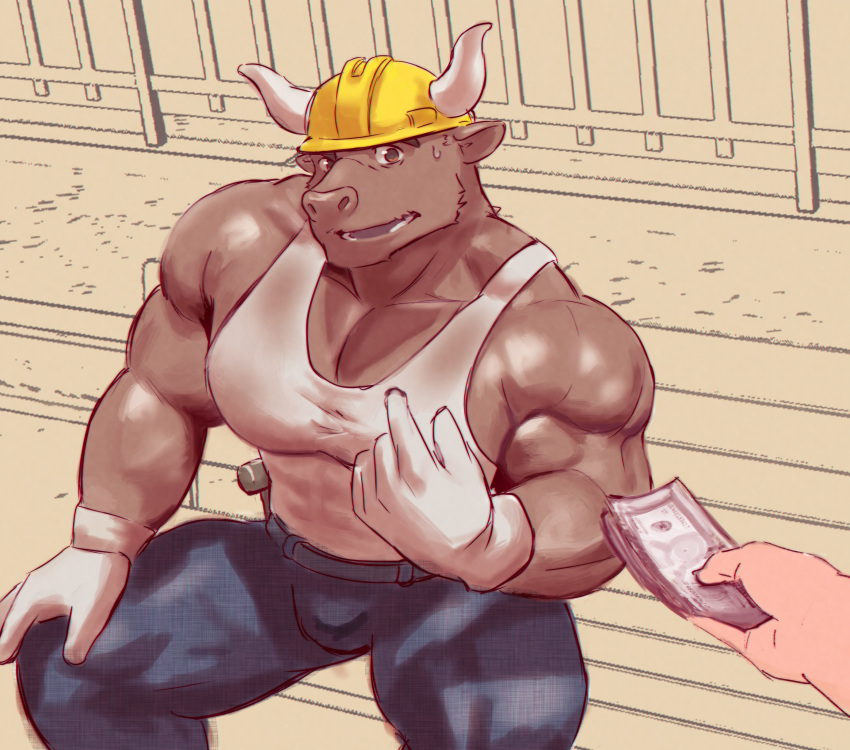 absurd_res anthro biceps bovid bovine clothing disembodied_hand duo episode0006 fur gloves handwear hat headgear headwear hi_res male mammal money muscular muscular_male offering_money pecs shirt tank_top topwear