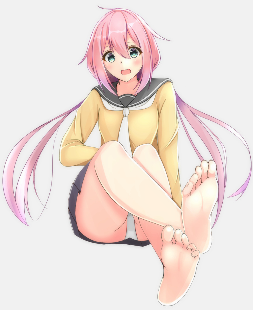 barefoot blue_eyes blush commentary_request feet female highres kagamihara_nadeshiko long_hair looking_at_viewer motosu_school_uniform open_mouth panties pantyshot pink_hair school_uniform simple_background sitting smile soles solo toes toyomi_13 underwear yurucamp