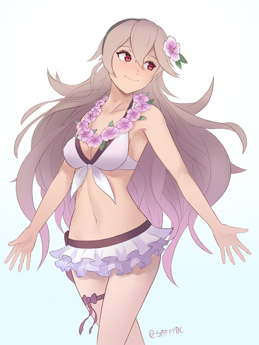 bikini bikini_skirt breasts cleavage closed_mouth commentary corrin_(female)_(fire_emblem) corrin_(female)_(summer)_(fire_emblem) corrin_(fire_emblem) female fire_emblem fire_emblem_fates fire_emblem_heroes flower hair_flower hair_ornament hairband highres long_hair medium_breasts navel official_alternate_costume red_eyes simple_background smile solo spiffydc swimsuit twitter_username white_bikini white_hair wreath