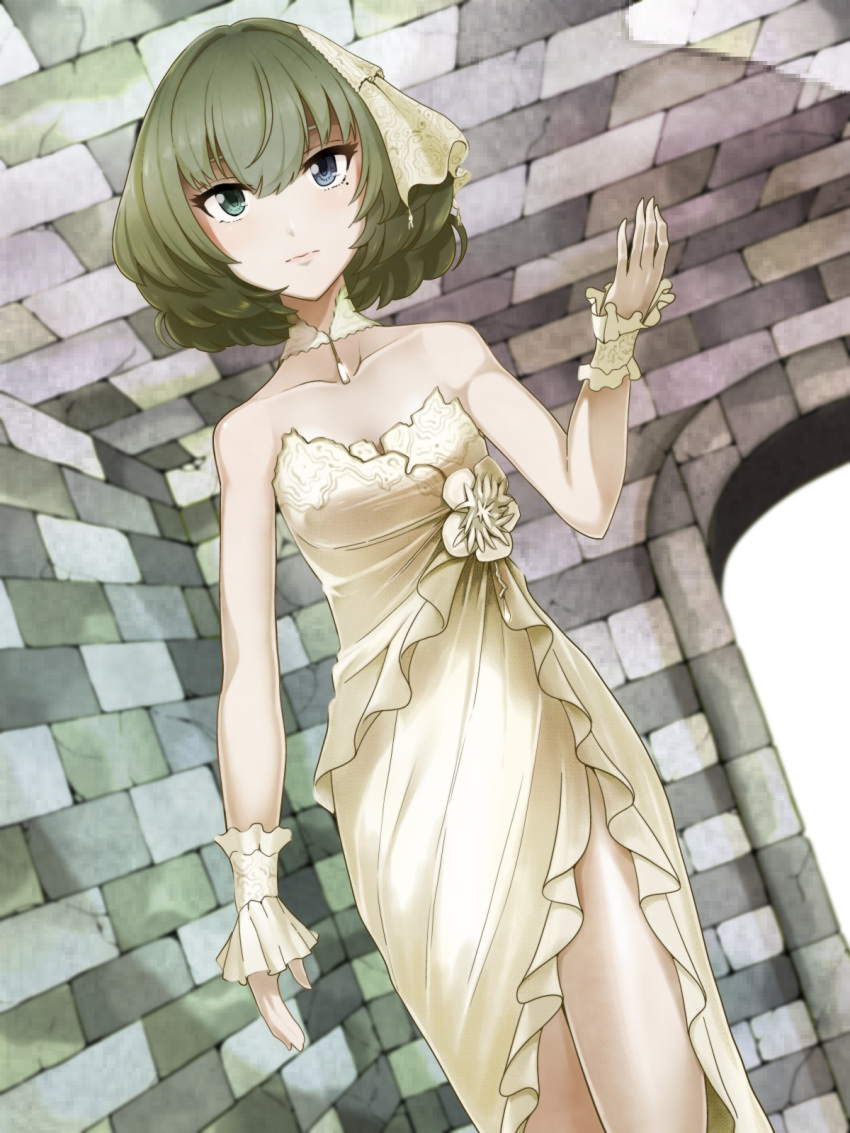 blue_eyes choker collarbone commentary_request dress dutch_angle female green_eyes green_hair heterochromia highres idolmaster idolmaster_cinderella_girls kinpun_(fgxdw447) looking_at_viewer mole mole_under_eye short_hair side_slit solo standing strapless strapless_dress takagaki_kaede white_dress wrist_cuffs